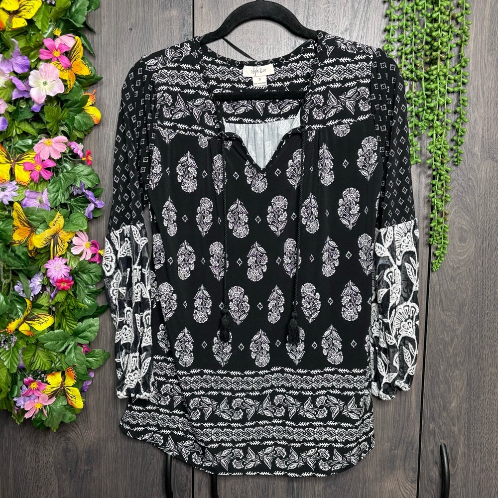 b🌼3/$30🌼Style & Co Black Printed Long Sleeve Blouse Size Small - Picture 3 of 16